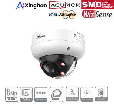 Werbebild einer weißen Dahua-Domenkamera mit Logos für Xinghan, AcuPick, SMD, Smart Dual Light+ und WizSense, sowie Funktionssymbolen unten.