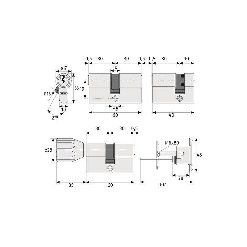 Abus A93 30/30 Doppelzylinder vs. + 25 Schlüssel, Sicherheitslevel:NIEDRIG | A93 Profildoppelzylinder | Maße (Außen/Inn