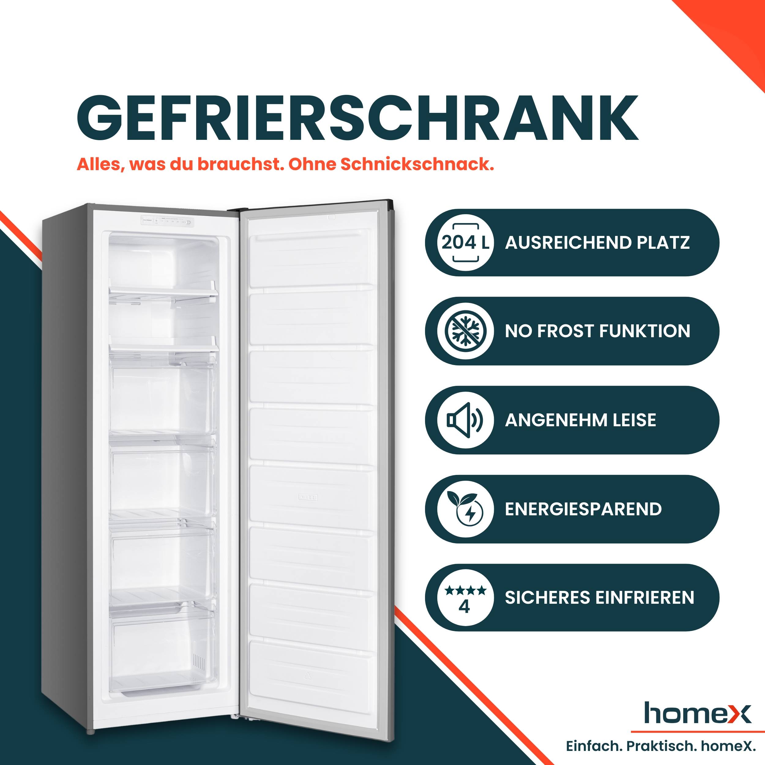 homeX Gefrierschrank No Frost, Tiefkühlschrank groß - 204L Nutzinhalt, 4-Sterne Gefrieren, Super-Frost-Funktion, silber
