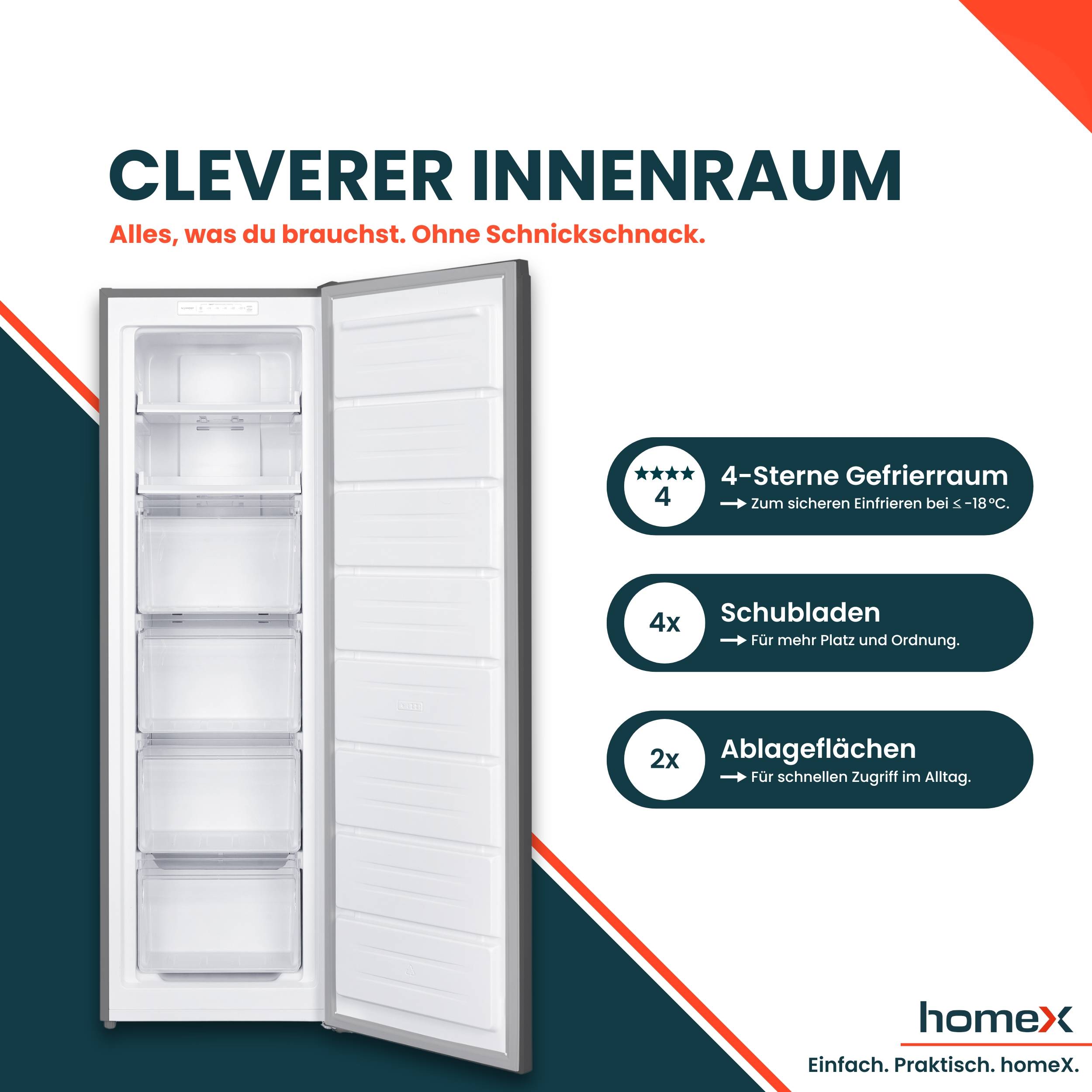 homeX Gefrierschrank No Frost, Tiefkühlschrank groß - 204L Nutzinhalt, 4-Sterne Gefrieren, Super-Frost-Funktion, silber