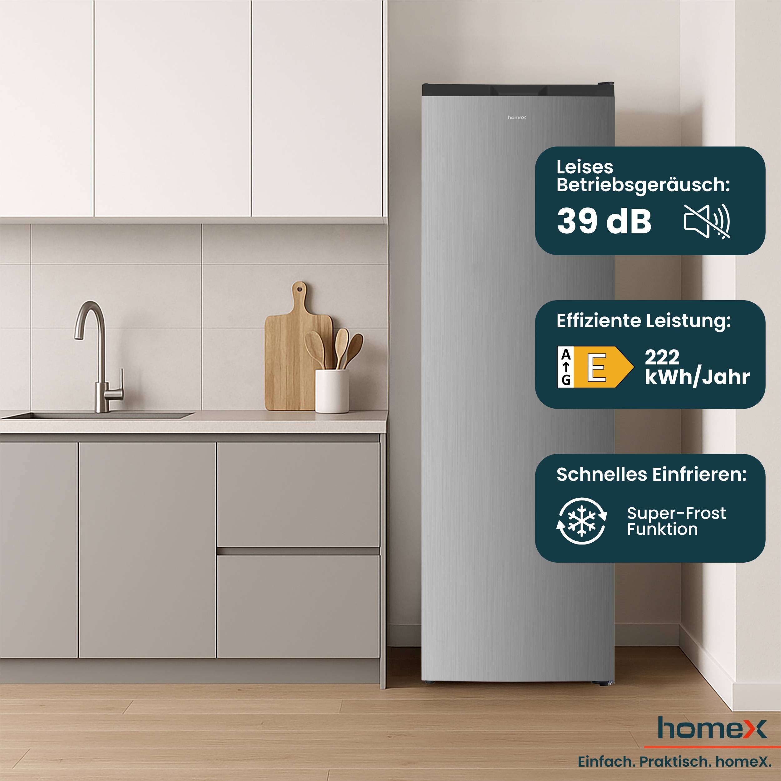 homeX Gefrierschrank No Frost, Tiefkühlschrank groß - 204L Nutzinhalt, 4-Sterne Gefrieren, Super-Frost-Funktion, silber