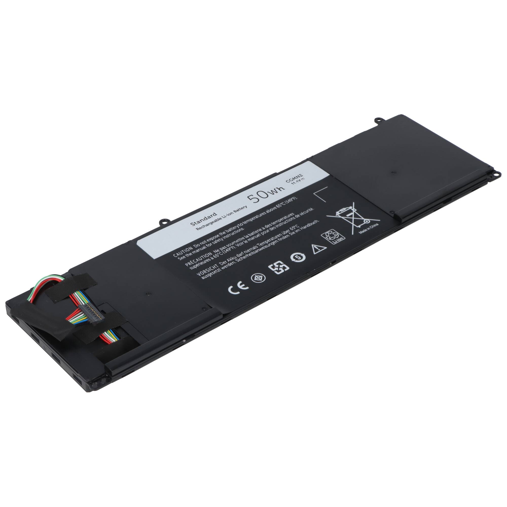 Schwarze rechteckige Laptop-Batterie mit freiliegenden mehrfarbigen Drähten und Anschluss auf weißem Hintergrund.