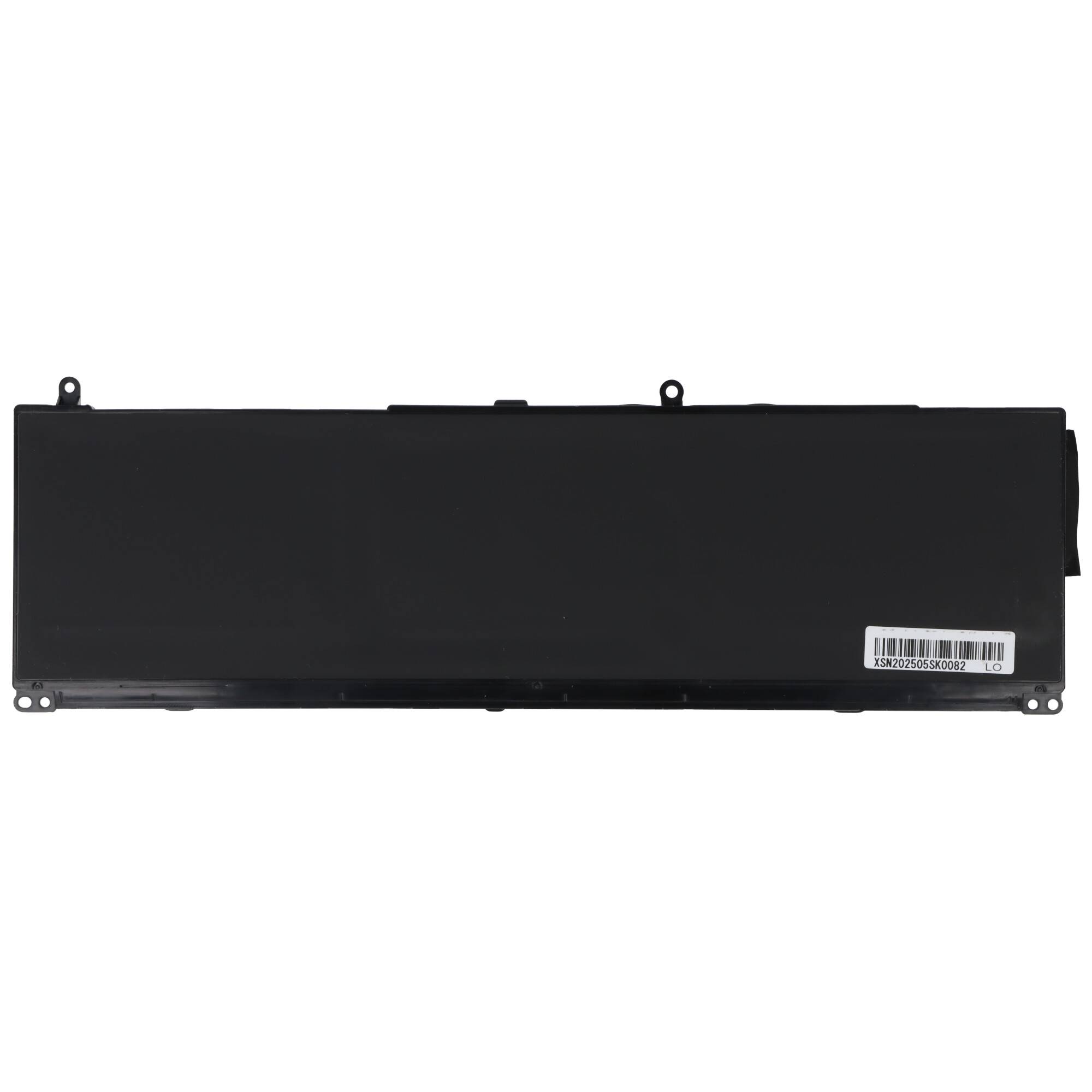 Schwarzes rechteckiges Batteriepack mit Montagelaschen und einem Barcode-Etikett auf der rechten Seite.