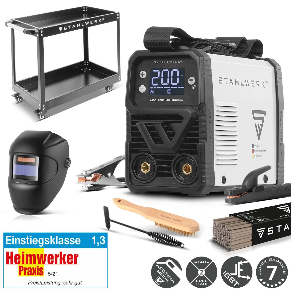 STAHLWERK Schweißgerät ARC 200 MD Digital 200 A Vollausstattung Wagen