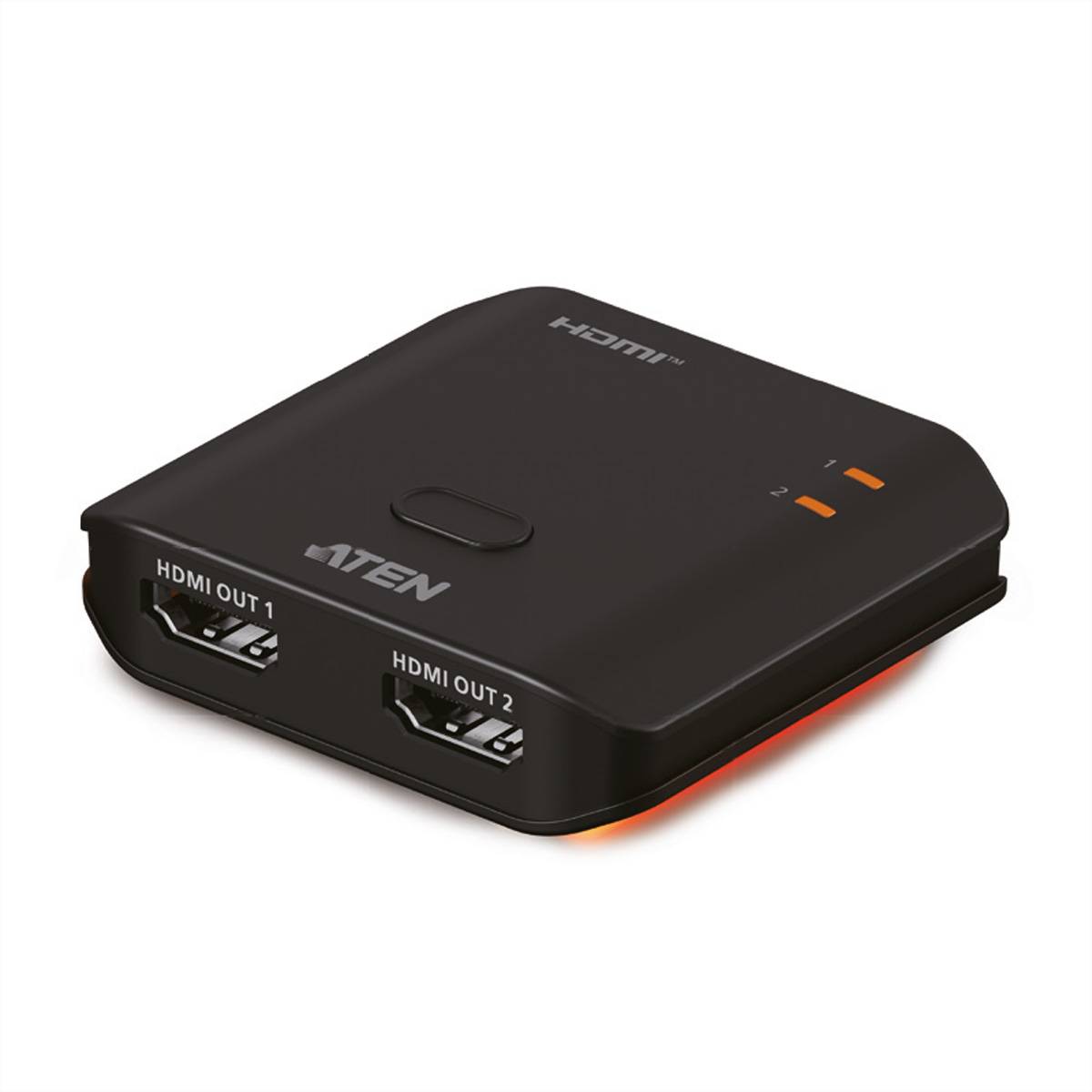 Schwarzer ATEN HDMI-Splitter mit einem HDMI-Eingang und zwei gekennzeichneten HDMI-Ausgängen sowie Statusanzeigeleuchten.
