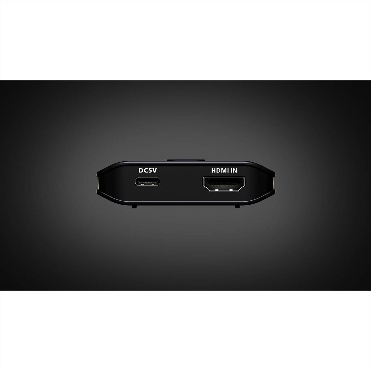 Rückansicht eines kleinen schwarzen Geräts mit einem DC5V-Stromeingang und einem HDMI-Eingangsport.