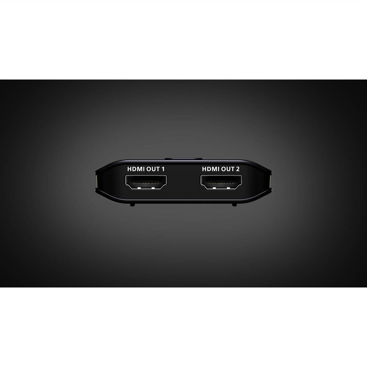 Schwarzes Geräte-Rückpanel mit zwei HDMI-Ausgabeanschlüssen mit den Beschriftungen „HDMI OUT 1" und „HDMI OUT 2"".