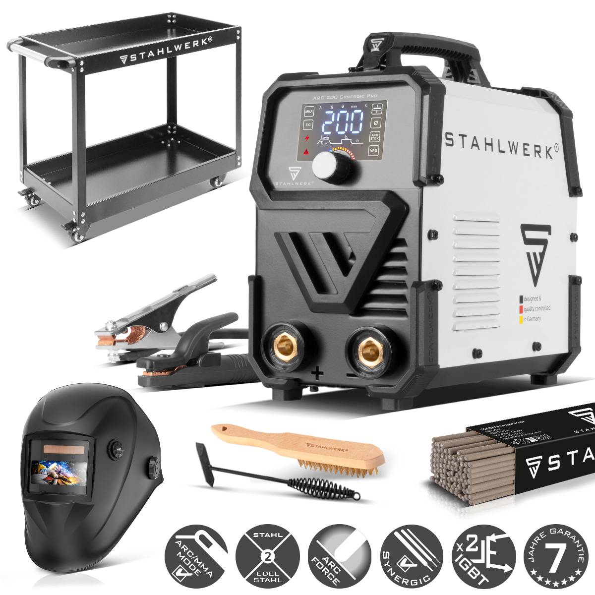 STAHLWERK Schweißgerät ARC 200 Synergic Pro 200A Vollausstattung Wagen