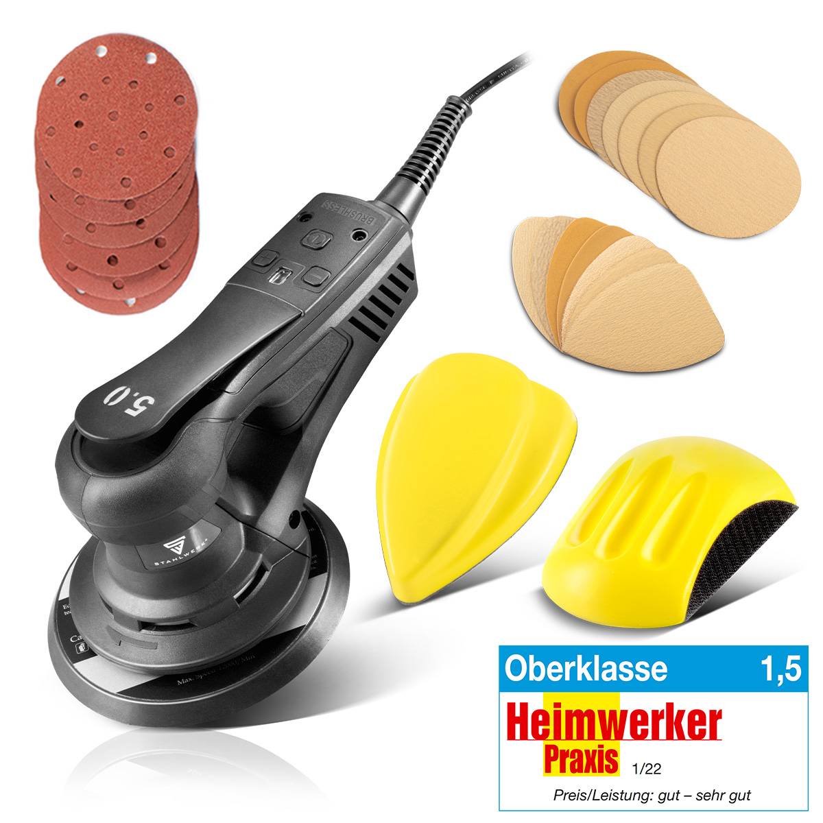 STAHLWERK Brushless Exzenterschleifer 350 W Set mit Handschleifblöcken