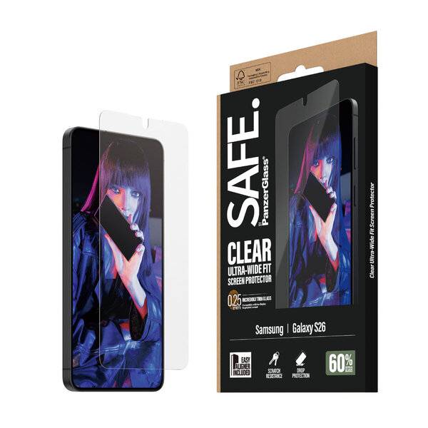 Samsung Galaxy S26 Displayschutzfolie mit Phone-Mockup und Retail-Verpackung mit der Bezeichnung „SAFE