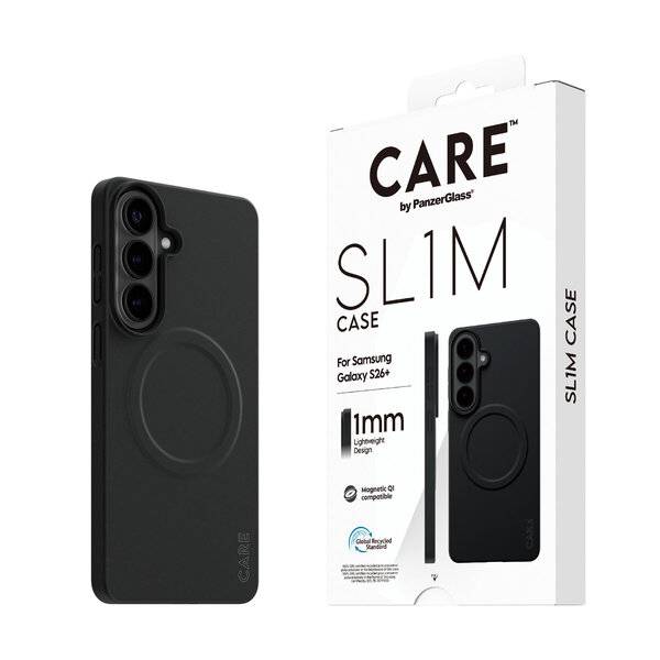 Schwarze CARE-Handyhülle von PanzerGlass mit schlankem Design und MagSafe-Ring, abgebildet neben ihrer Produktverpackung für Samsung Galaxy S26+.