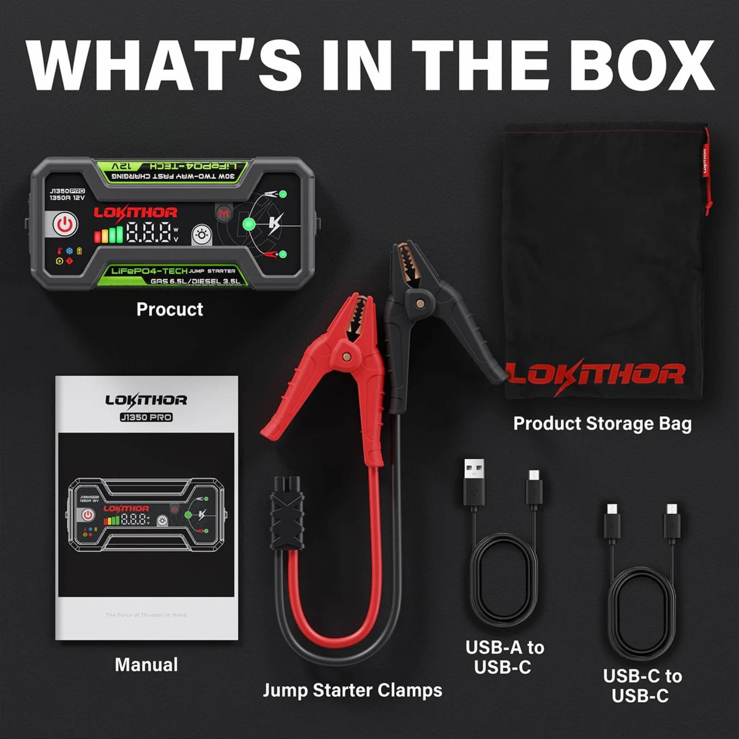 Lokithor J1350 PRO Jumpstarter 12V 1350A LiFePO4 Powerbank & Leuchte