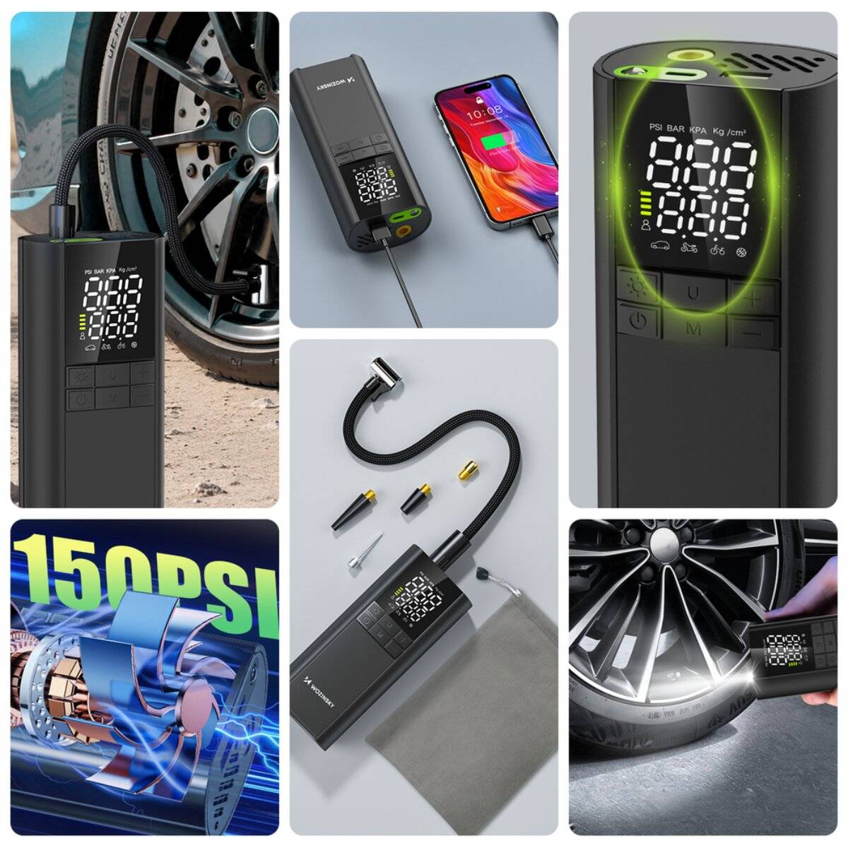 Wozinsky WPEP-8000 Elektrischer Kompressor mit Powerbank und LED-Taschenlampe  Schwarz