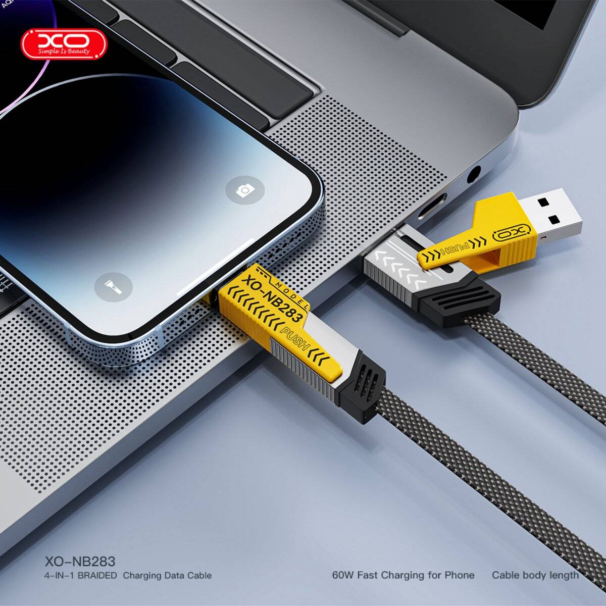 XO NB283 4in1 Ladekabel USB-C auf kompatibel mit iPhone und USB-C 60 W 1 m grau