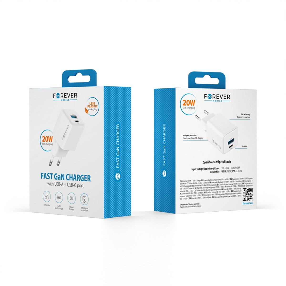 Forever TC-08 GaN Schnellladegerät 20W mit USB-C und USB-A Power Delivery & Quick Charge  Weiß
