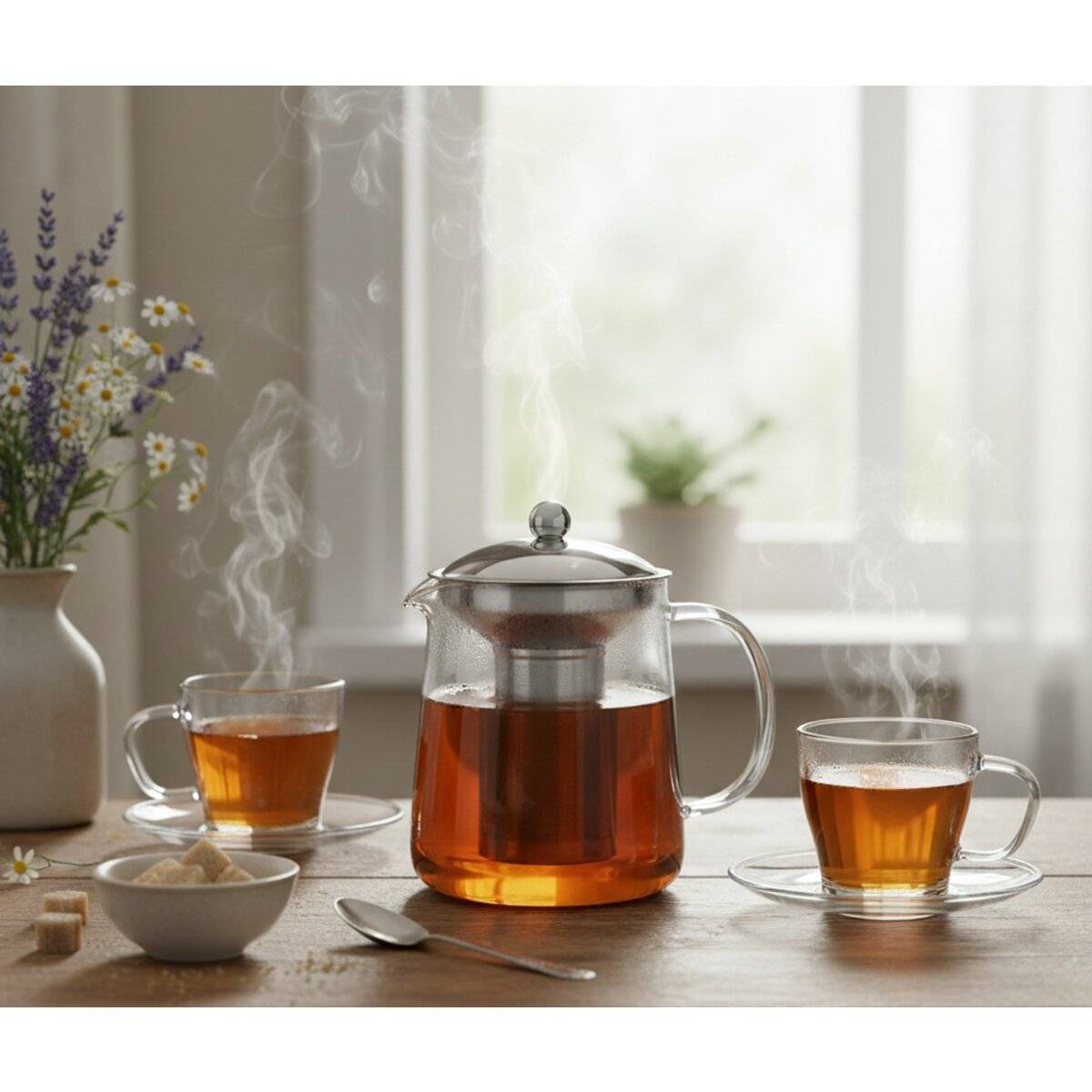 Nisa Glasteekannen-Set 1200 ml - 2 Gläser mit Untertellern aus Borosilikatglas