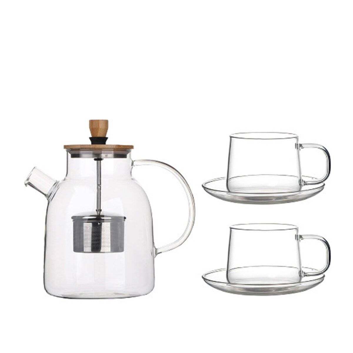 Nisa Glasteekannen-Set 1600 ml mit Bambusdeckel, inkl. Tassen & Untertellern