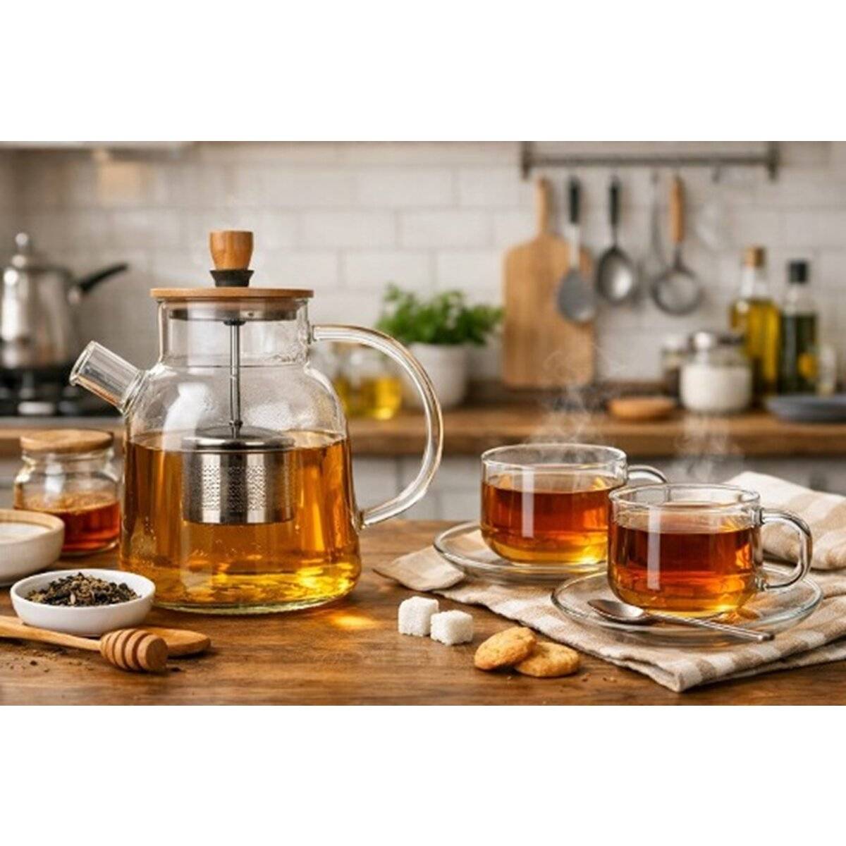 Nisa Glasteekannen-Set 1600 ml mit Bambusdeckel, inkl. Tassen & Untertellern