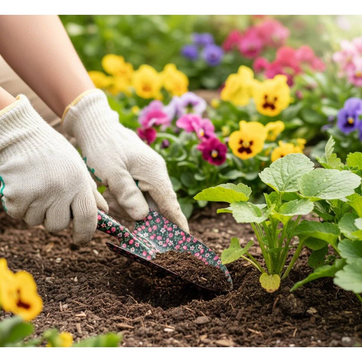 Blumenkelle mit Blumenmuster mit ergonomischem Griff aus Stahl