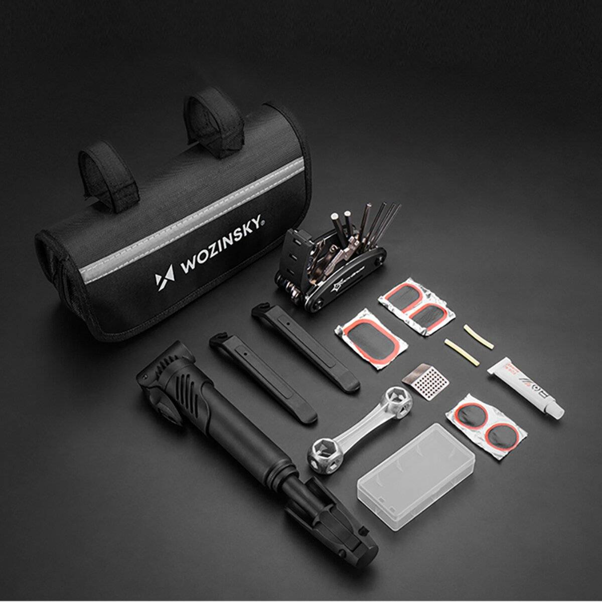 Wozinsky WMZ-01N 16-in-1 Fahrrad Multitool Set mit Pumpe Flickzeug Schwarz