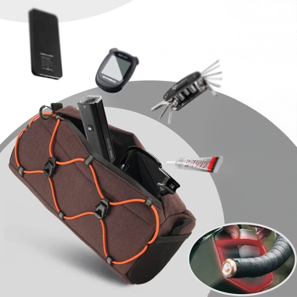 Rockbros Lenkertasche Fahrrad 2,2 l mit Schultergurt und Reflektoren Braun