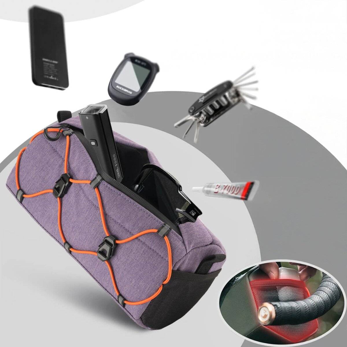 Rockbros Lenkertasche Fahrrad 2,2 l mit Schultergurt und Reflektoren Lila