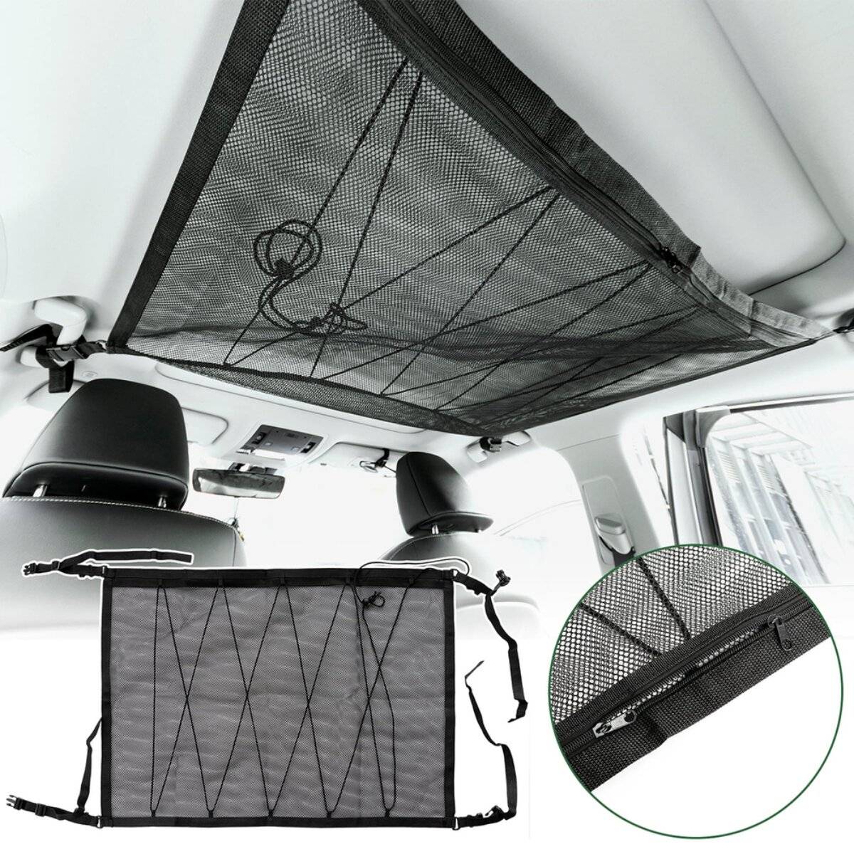 Wozinsky Auto Deckenorganizer Netz mit Reißverschlussfach und Gurten schwarz
