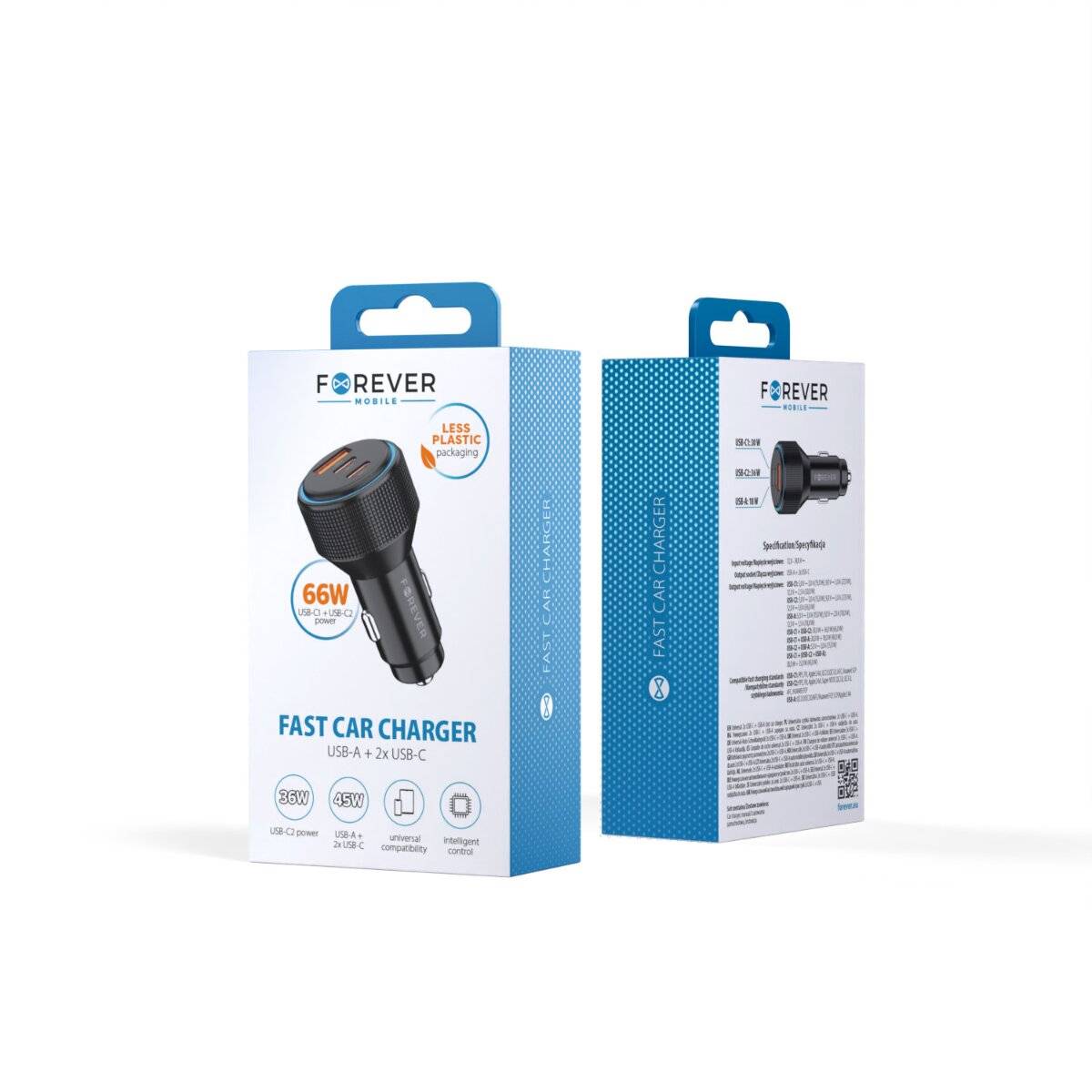 Forever CC-07 Autoladegerät 66 W 2x USB C 1x USB A PD QC schwarz