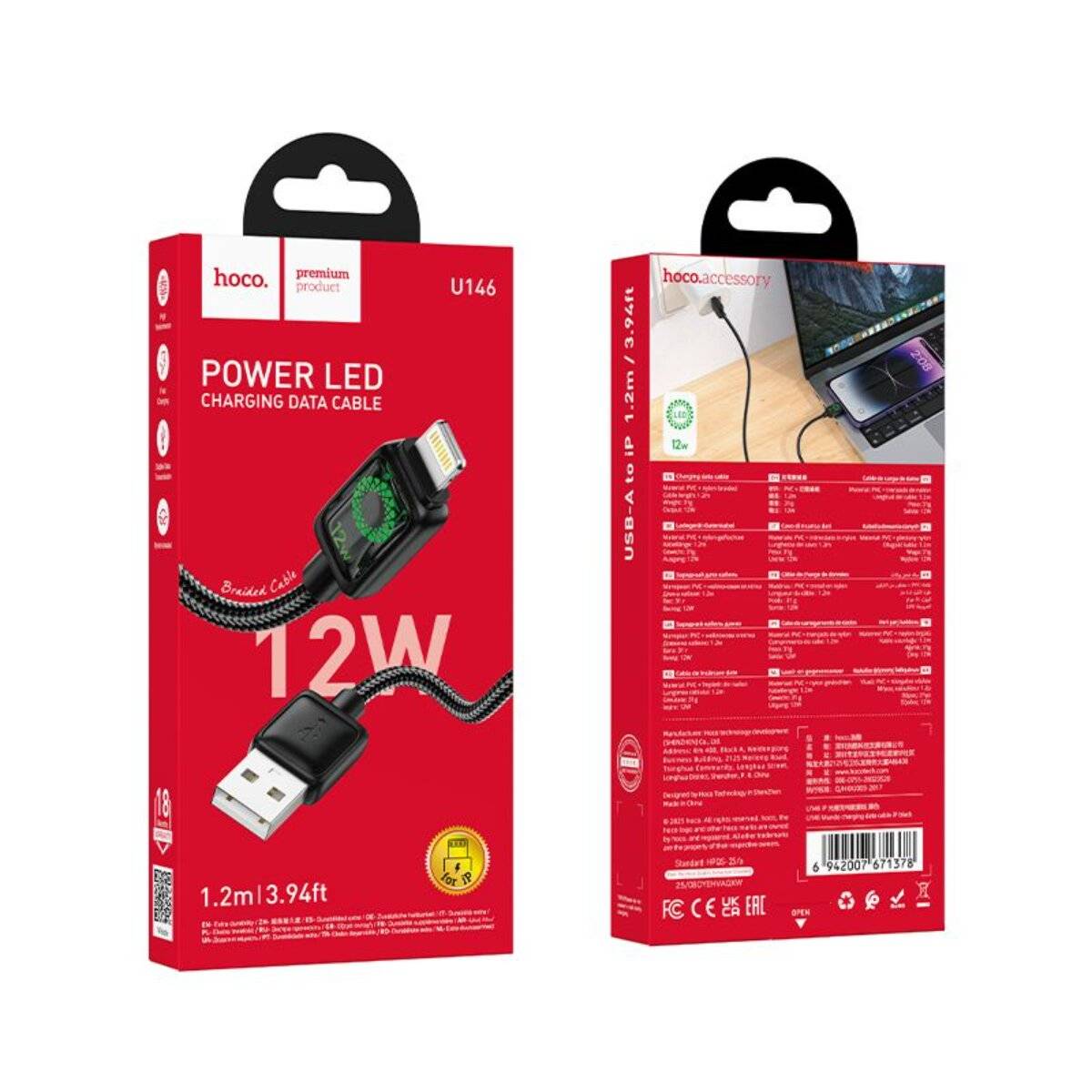 Hoco USB A auf Kompatibel mit iPhone Kabel 1,2 m 2,4 A LCD schwarz