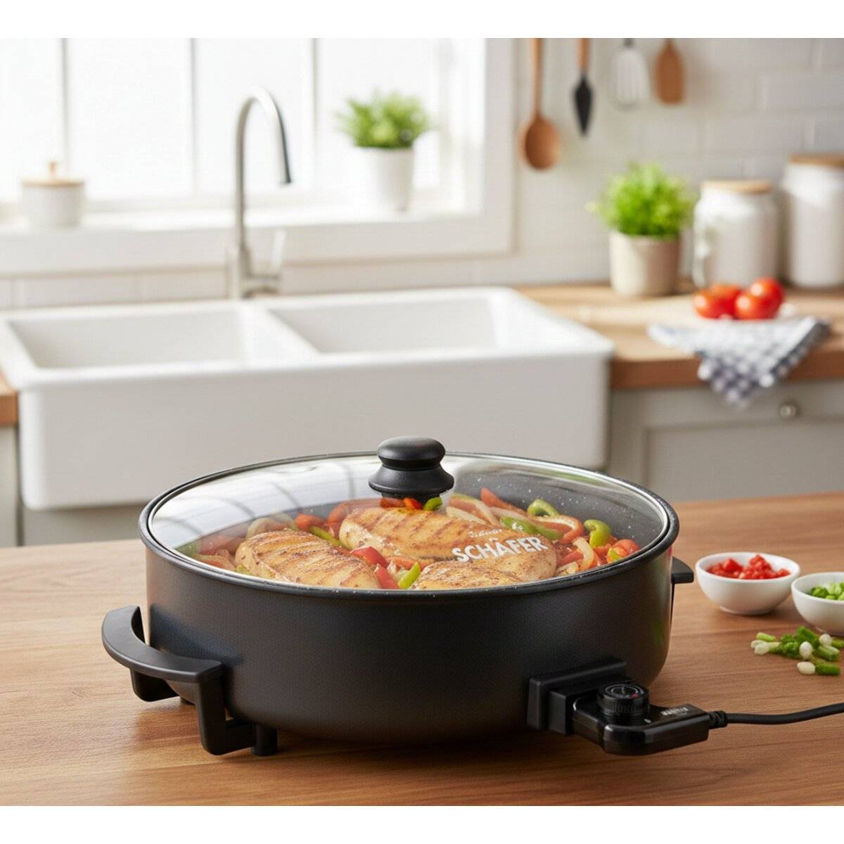 Elektrische Multipfanne 1500 W - Pizzapfanne mit Glasdeckel ø36 x 7 cm