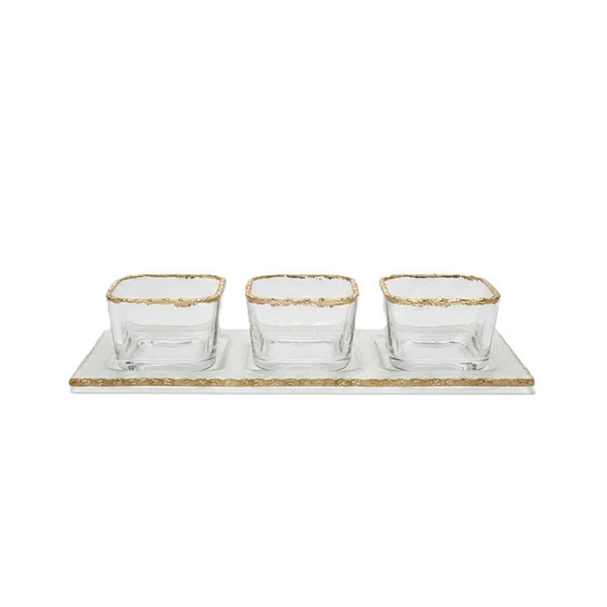 4er Glasschalen-Set mit Goldrand und Tablett - quadratische Dipschalen, 73 ml