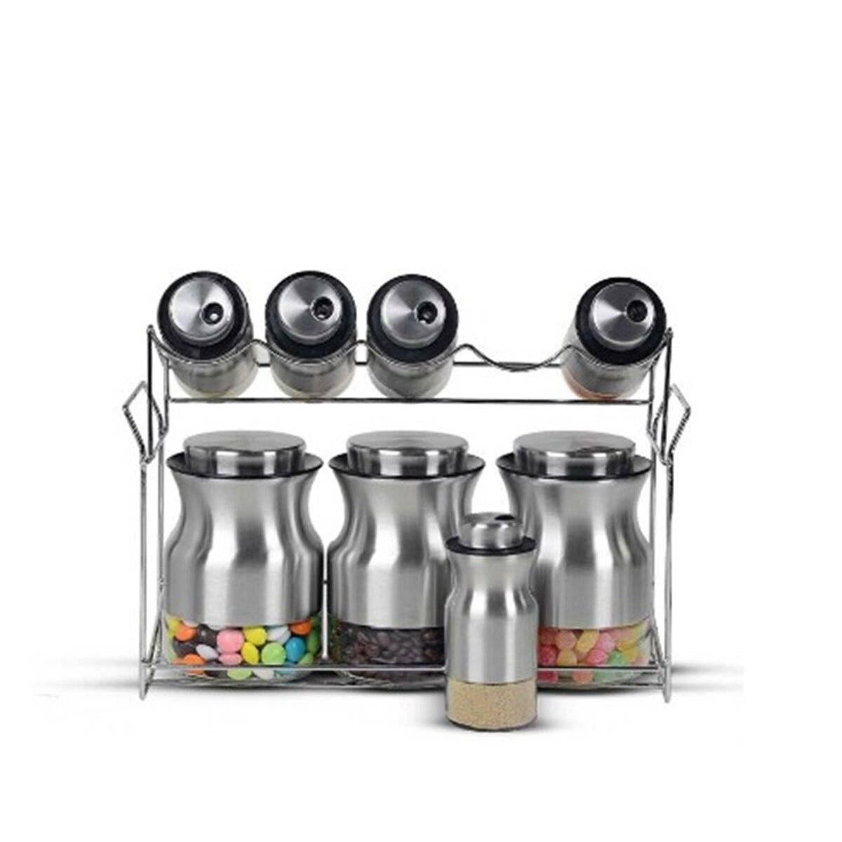 9-teiliges Gewürzregal mit Ständer - 2-stöckig in Edelstahl & Glas Design
