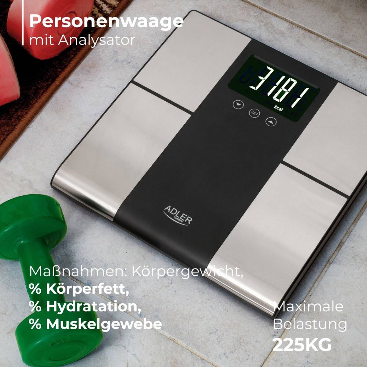 Adler AD 8165 Digitale Personenwaage mit LCD-Display & Körperanalyse, bis 225 kg
