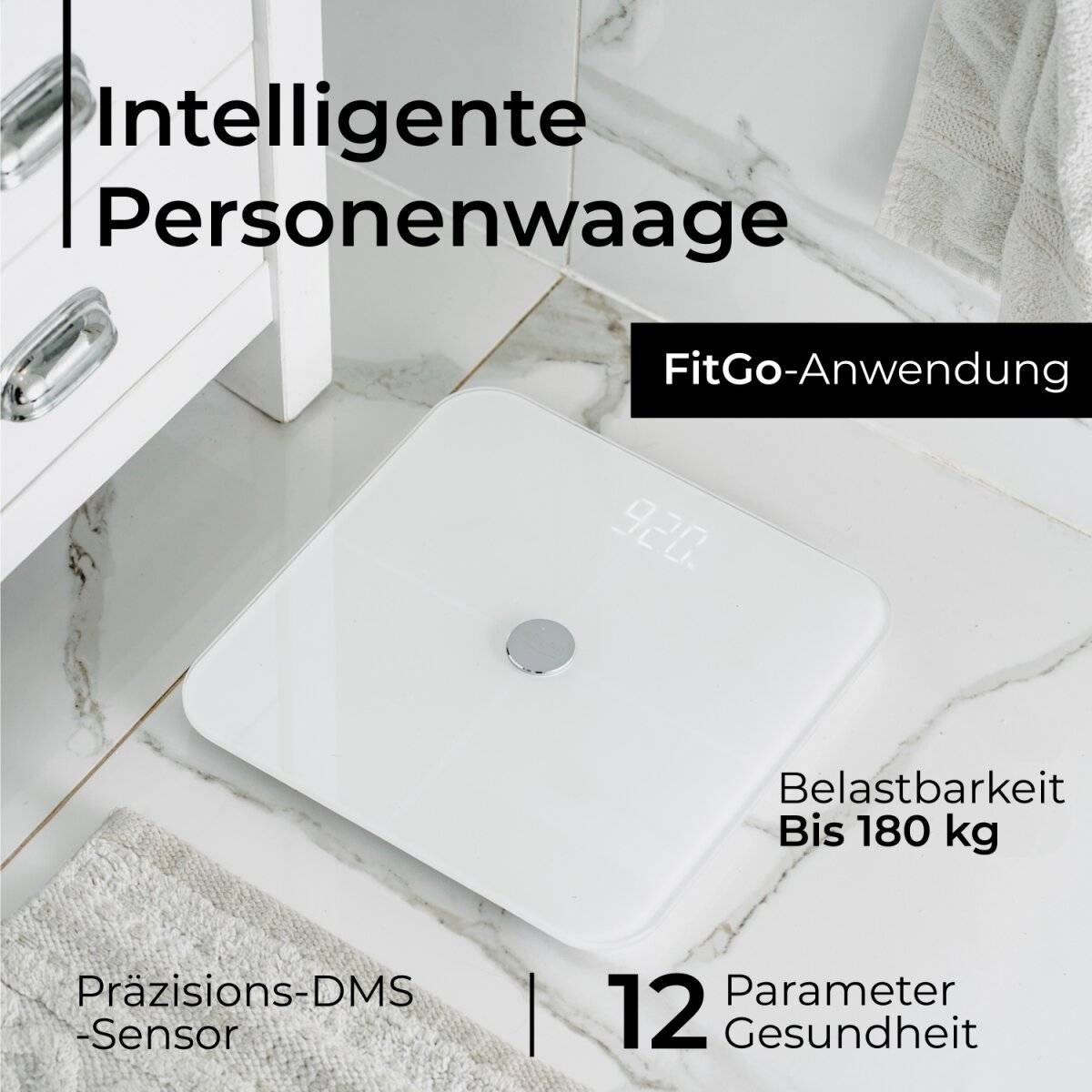 Adler AD 8187 Personenwaage mit Körperanalyse mit App, bis 180 kg, Weiß
