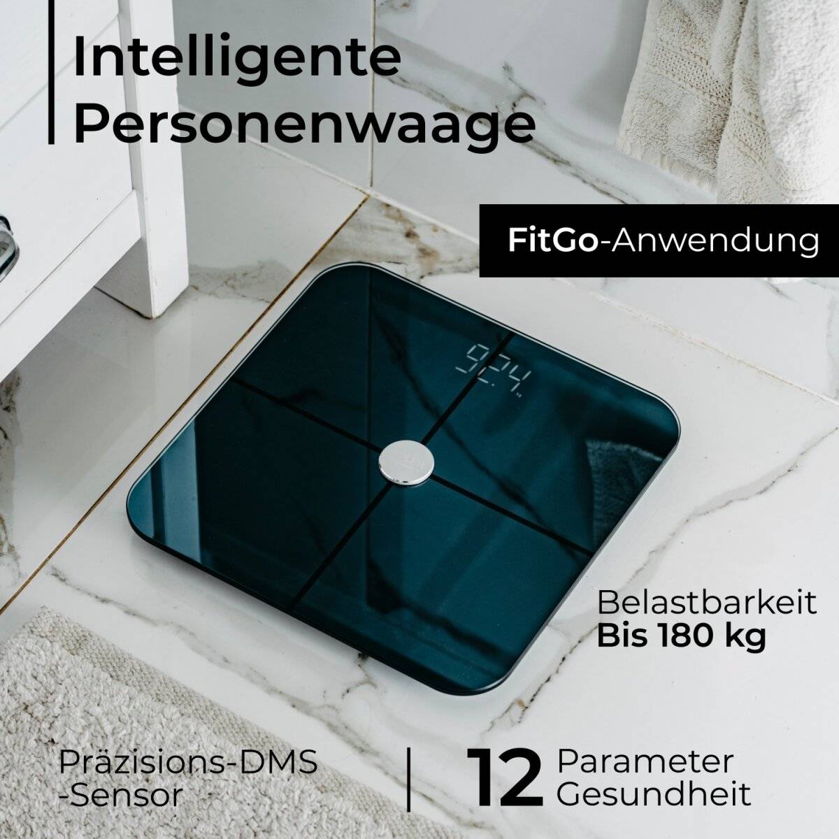 Adler AD 8187 Personenwaage mit Körperanalyse mit App, bis 180 kg, Schwarz