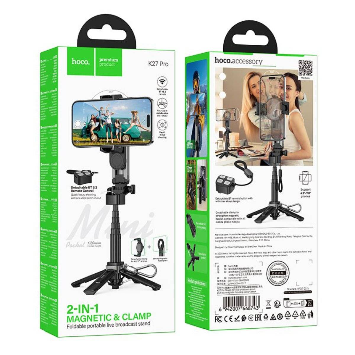Hoco K27 PRO Handy Stativ Live Stand magnetisch universal mit Bluetooth Remote Schwarz