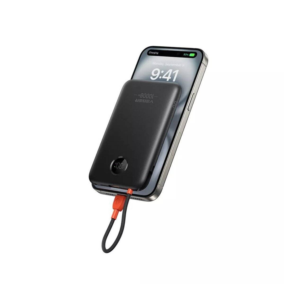 Veger Powerbank 10000 mAh mit integriertem USB-C Kabel, 22,5 W Schnellladen, kompakt  Schwarz