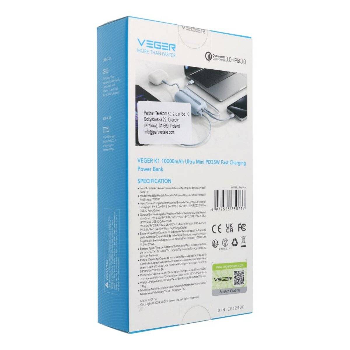 Powerbank Veger K1 35W PD QC3.0 10000 mAh mit integrierten Kabeln Blau