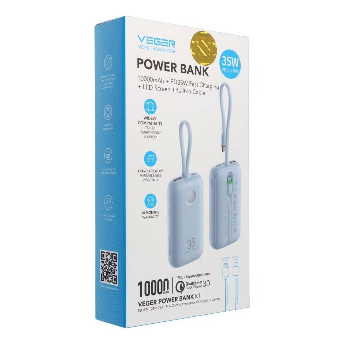 Powerbank Veger K1 35W PD QC3.0 10000 mAh mit integrierten Kabeln Blau