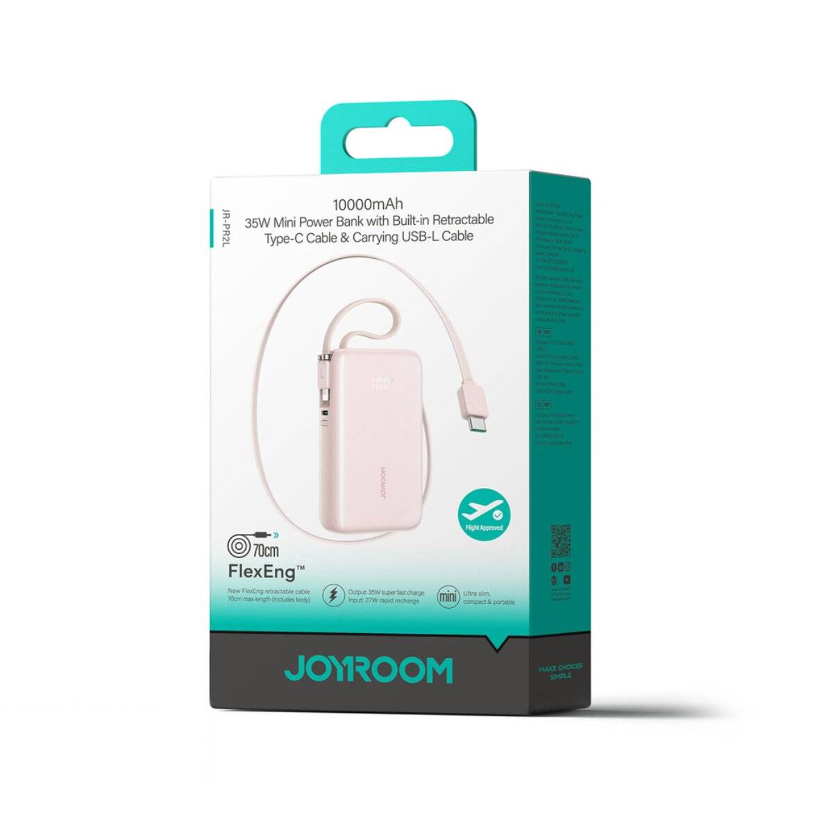 Joyroom JR-PR2L Powerbank 10000 mAh 35W mit einziehbarem USB-C Kabel und iPhone-Kabel Pink