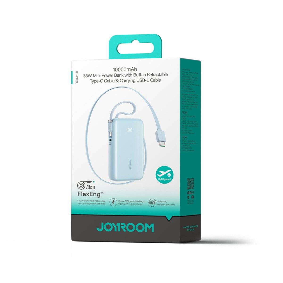 Joyroom JR-PR2L Powerbank 10000 mAh 35W mit einziehbarem USB-C Kabel und iPhone-Kabel Blau