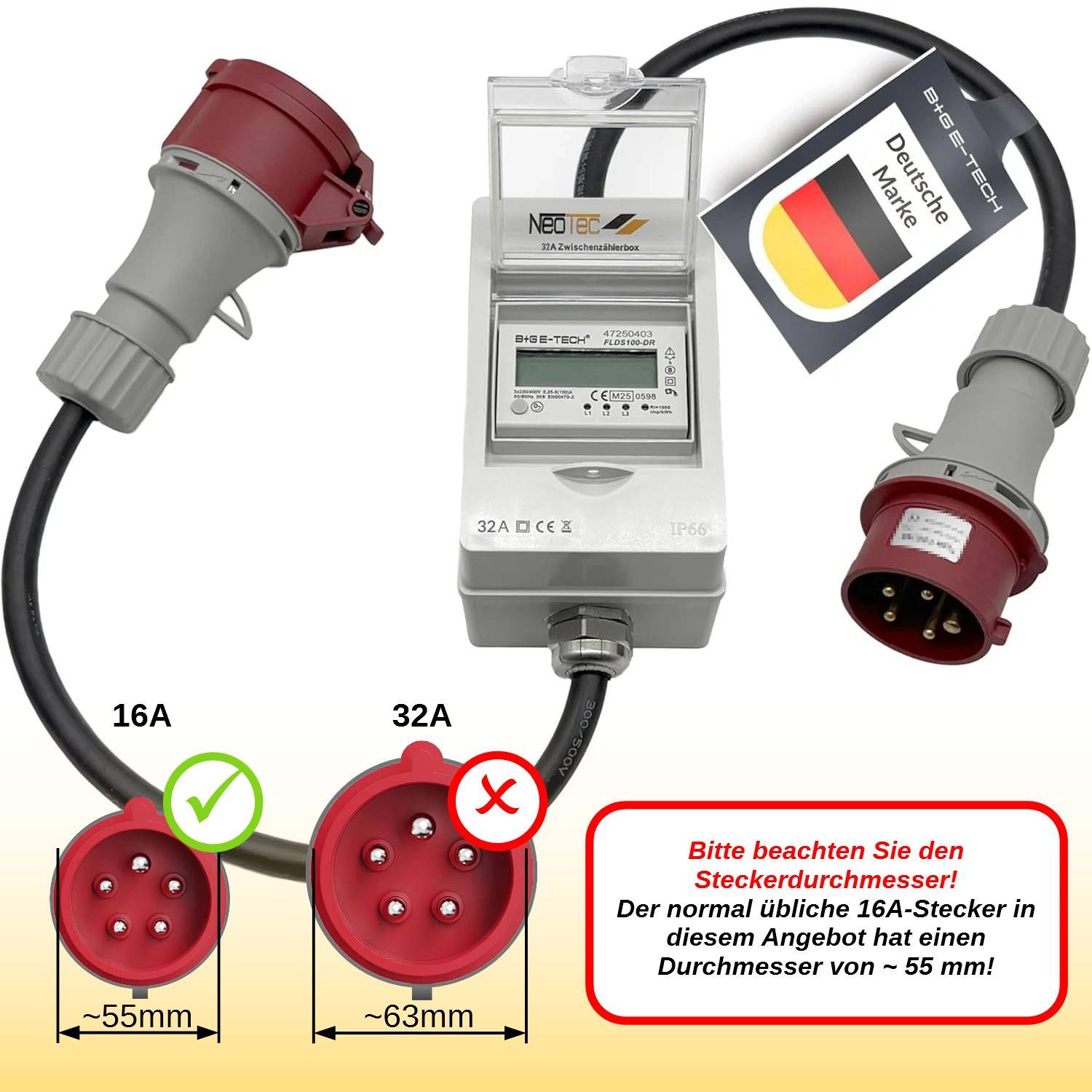 B+G E-Tech CEE 16A 400V Zwischenzählerbox mit Stecker 55mm Ø