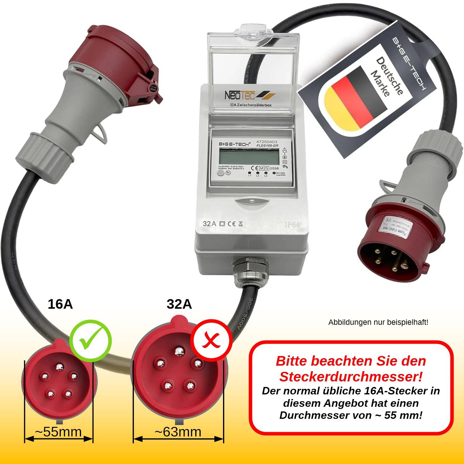 B+G E-Tech CEE 16A 400V Zwischenzählerbox Stecker 55mm Ø (Drehstromzähler FLDS100DR) mobil 100A digital