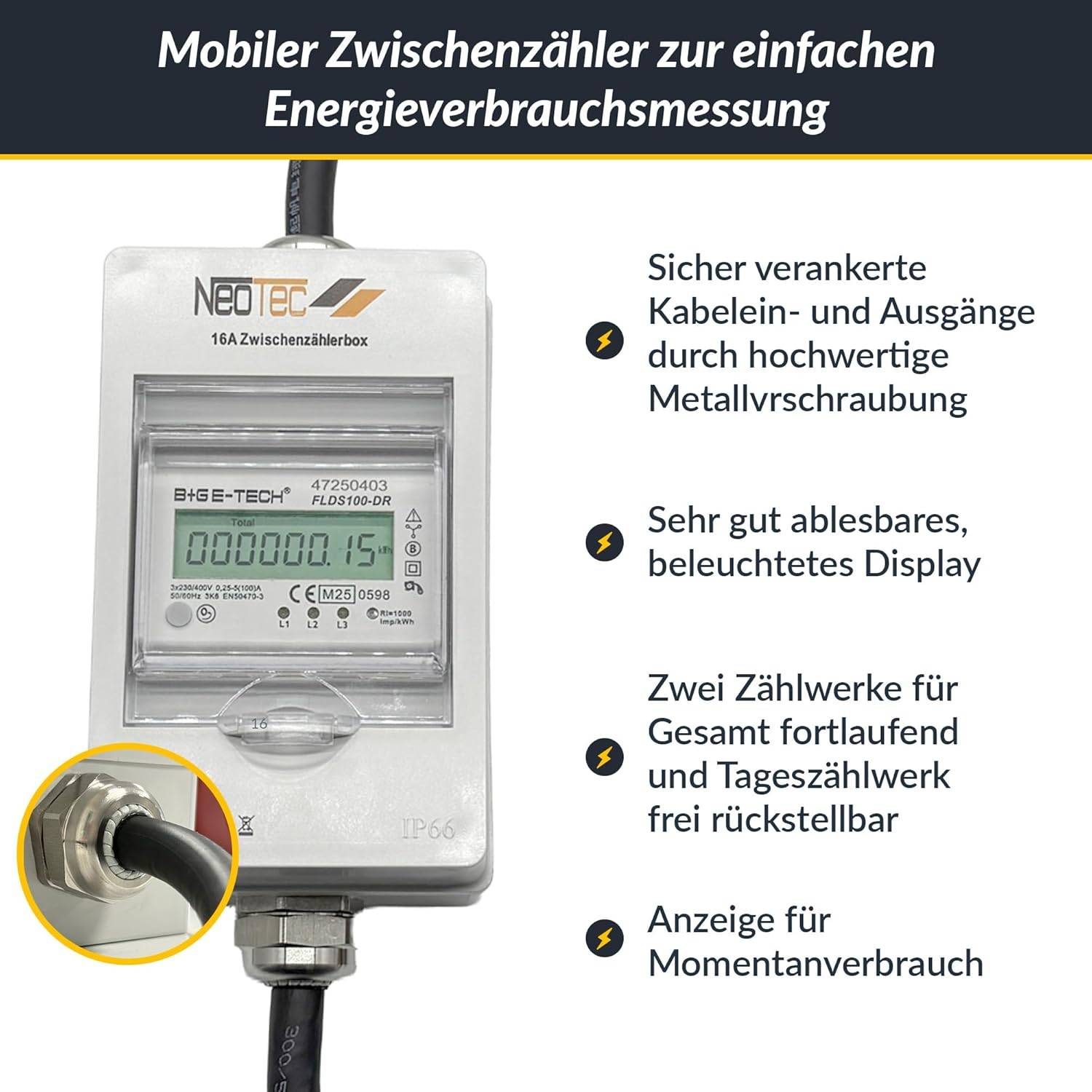 B+G E-Tech CEE 16A 400V Zwischenzählerbox Stecker 55mm Ø (Drehstromzähler FLDS100DR) mobil 100A digital