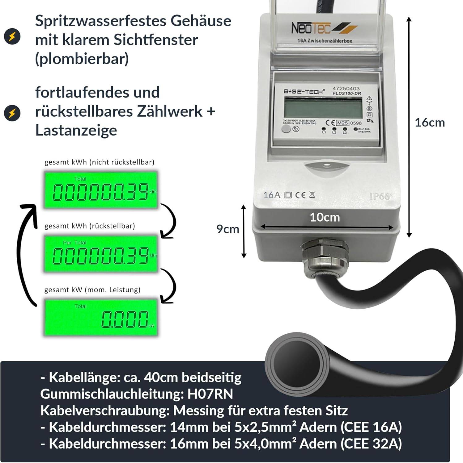 B+G E-Tech CEE 16A 400V Zwischenzählerbox Stecker 55mm Ø (Drehstromzähler FLDS100DR) mobil 100A digital