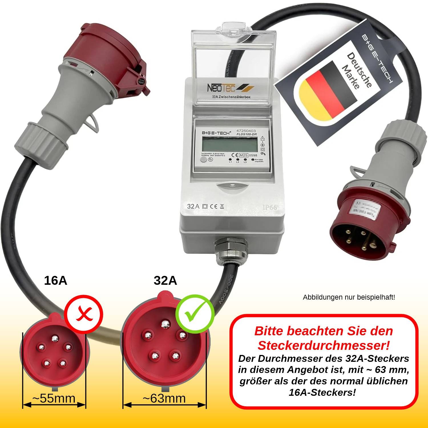 B+G E-Tech CEE 32A 400V Zwischenzählerbox Stecker 63mm Ø (Drehstromzähler FLDS100DR) mobil 100A digital