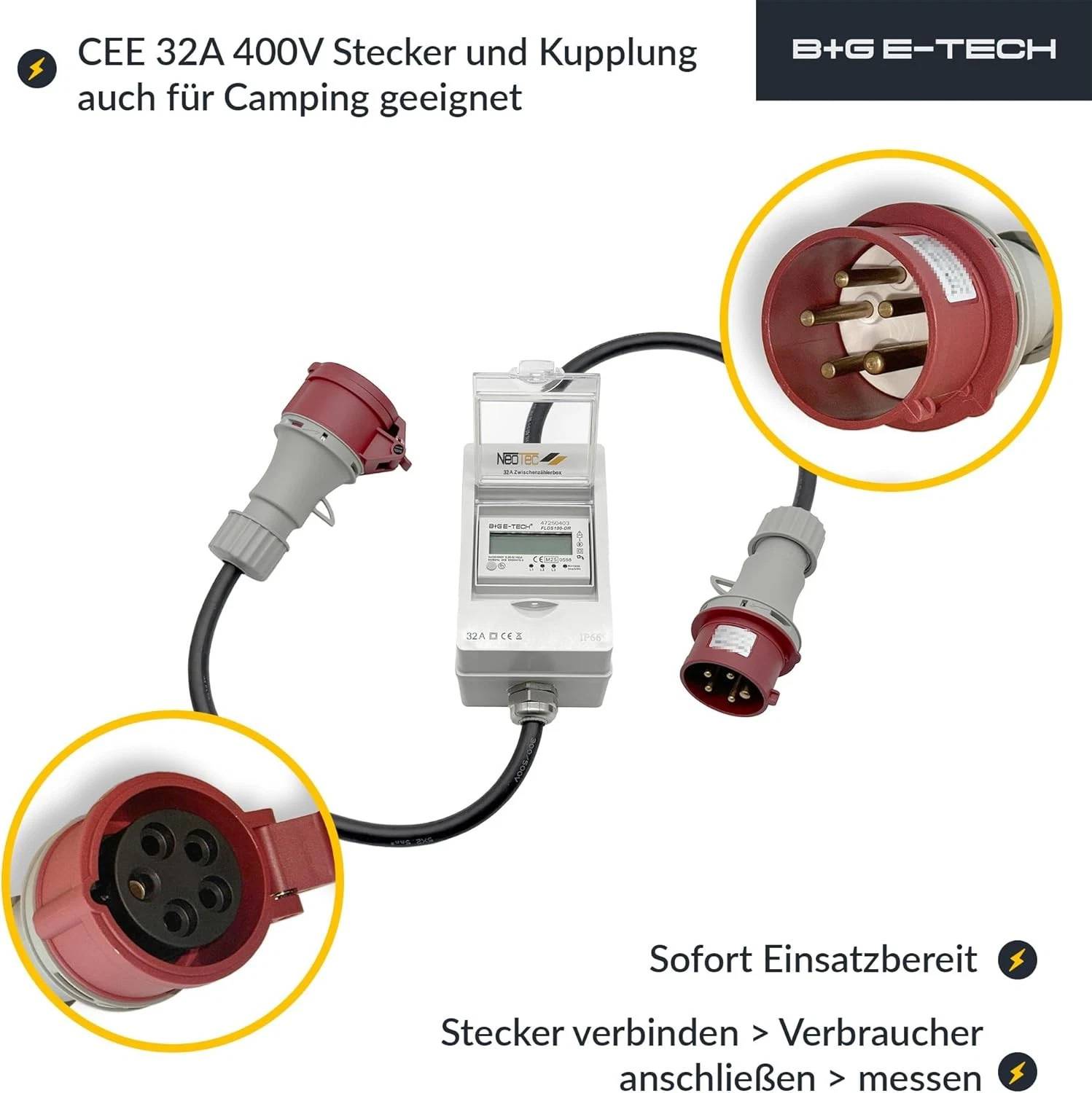 B+G E-Tech CEE 32A 400V Zwischenzählerbox Stecker 63mm Ø (Drehstromzähler FLDS100DR) mobil 100A digital