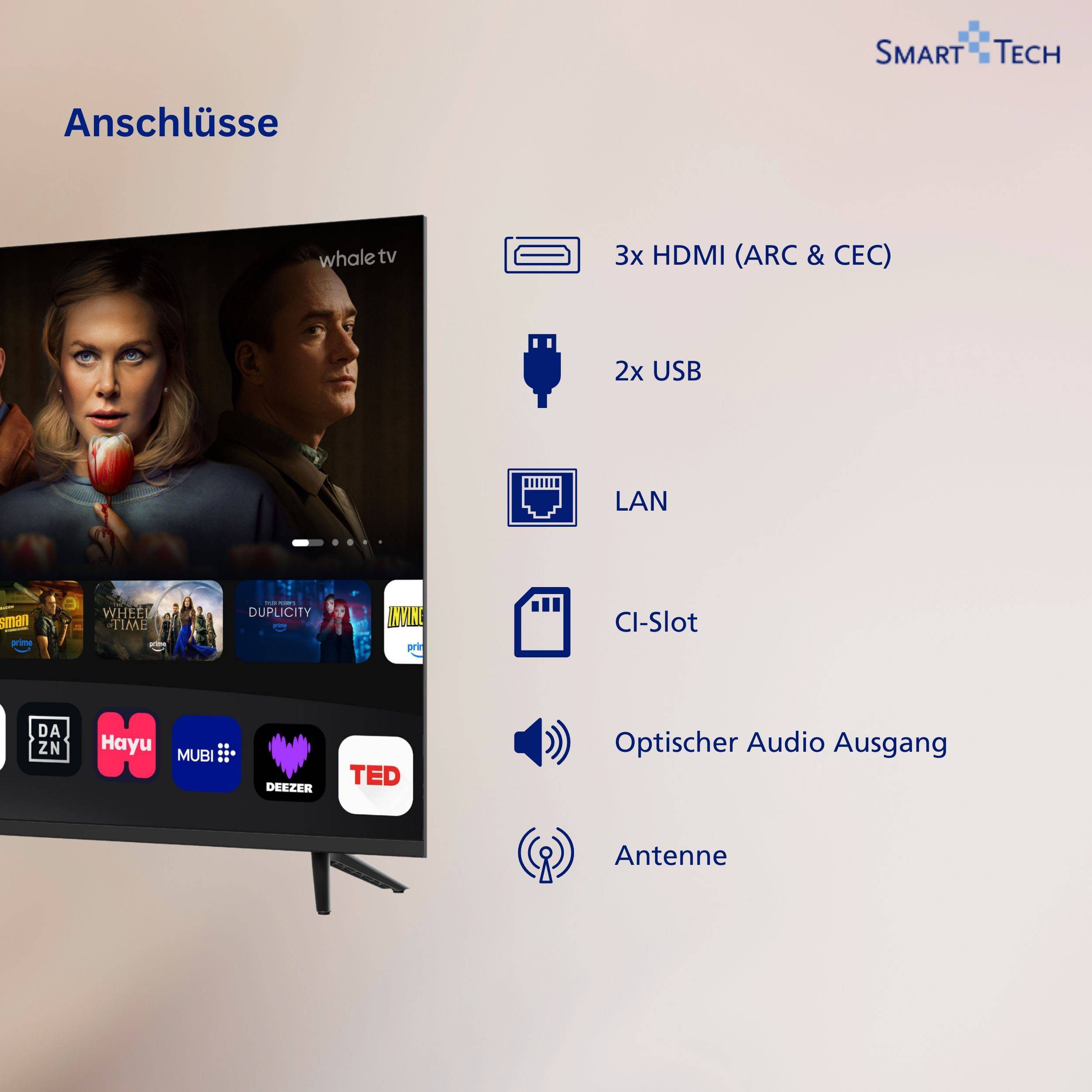 Smart Tech 43QH02V QLED Fernseher 43 Zoll Whale Smart TV - HDR TV mit 4K UHD, Bluetooth (2026)