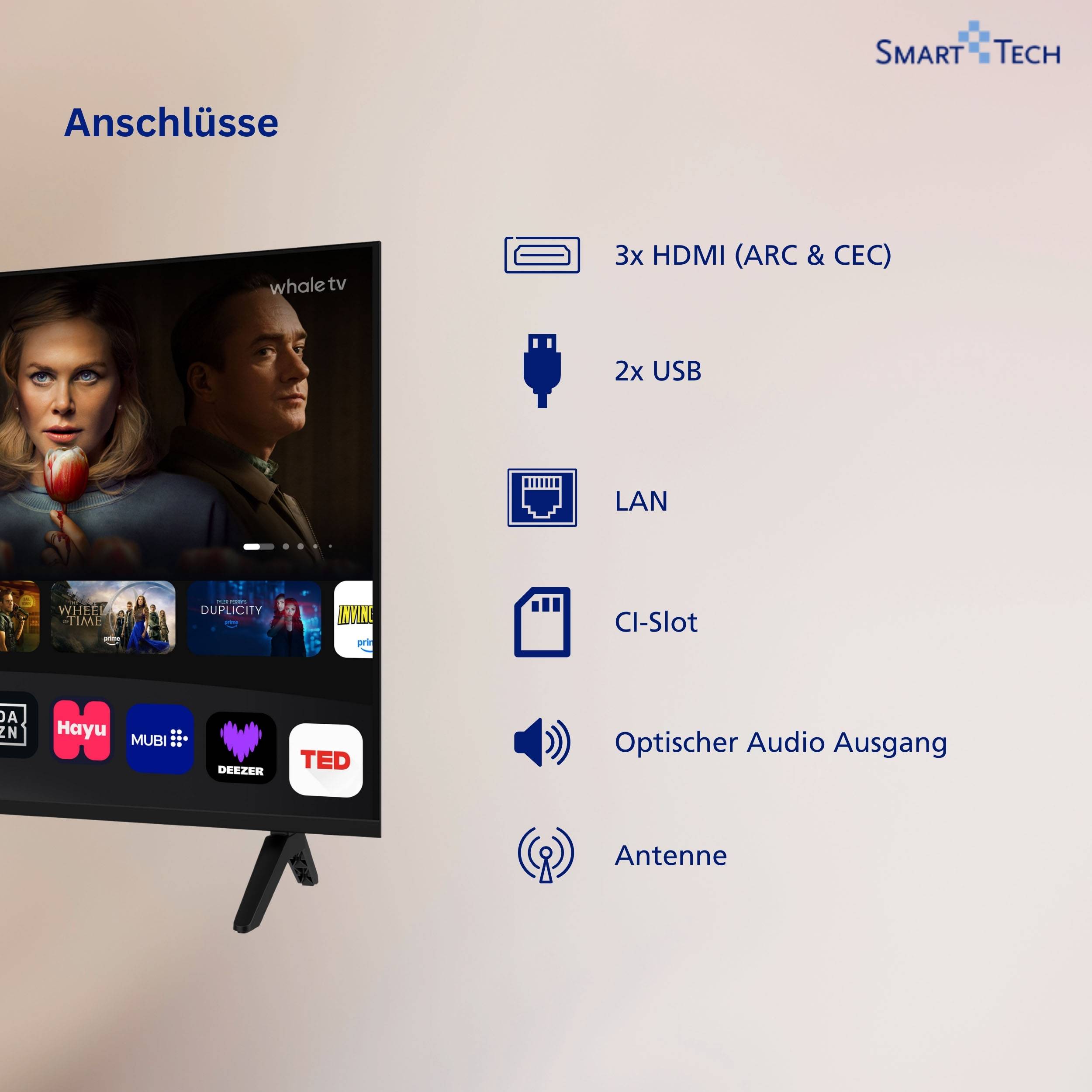 Smart Tech Fernseher 40 Zoll Whale Smart TV - HDR TV mit Full HD, Bluetooth und Triple-Tuner