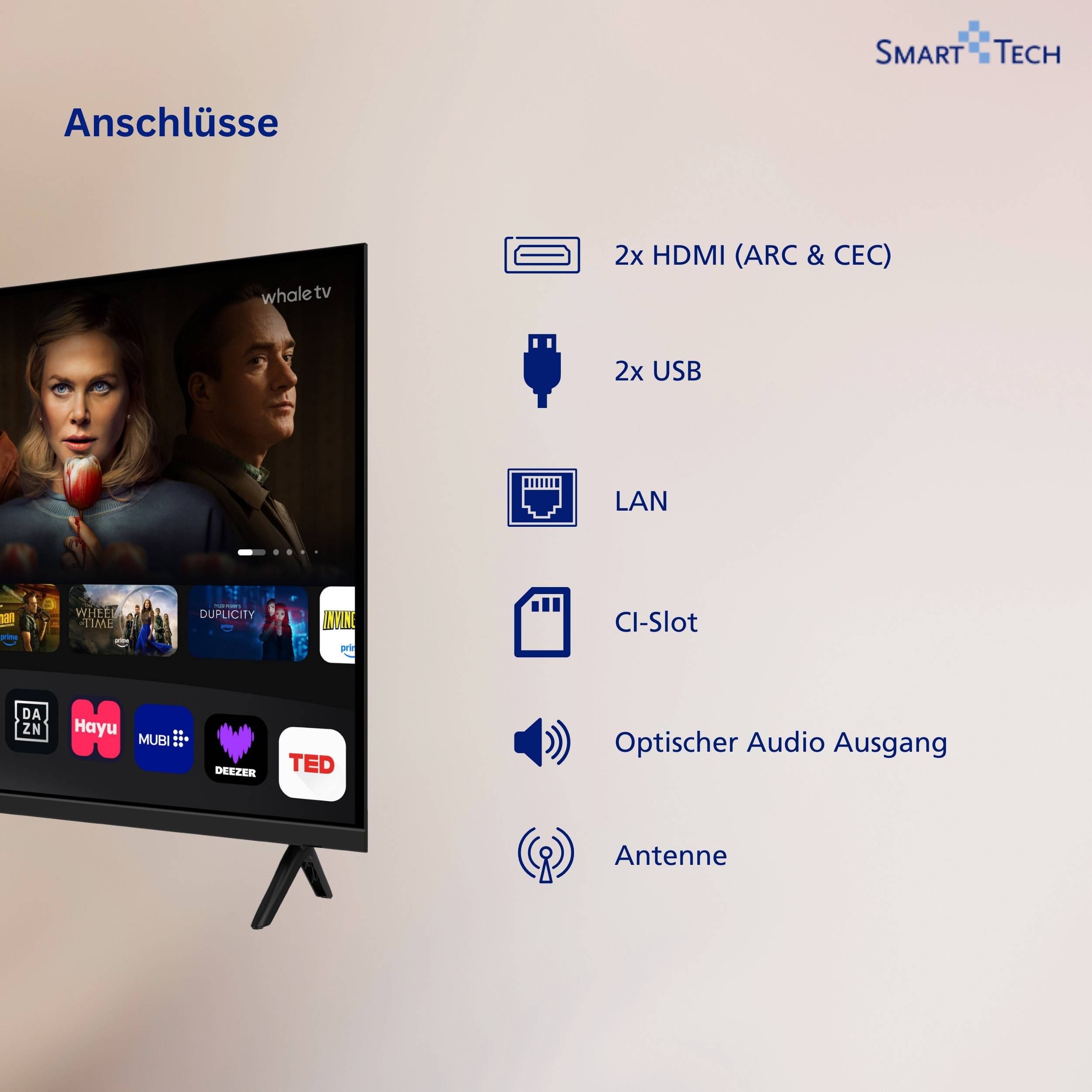 Smart Tech 32HH01K Fernseher 32 Zoll Whale Smart TV - HDR TV mit HD Auflösung, Bluetooth (2026)